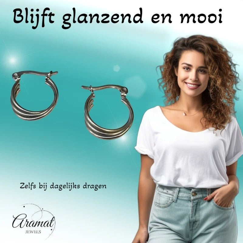 Stalen Oorringen met Triple Hoop Design (16 mm) - Aramat Jewels - Oorringen - cadeautip