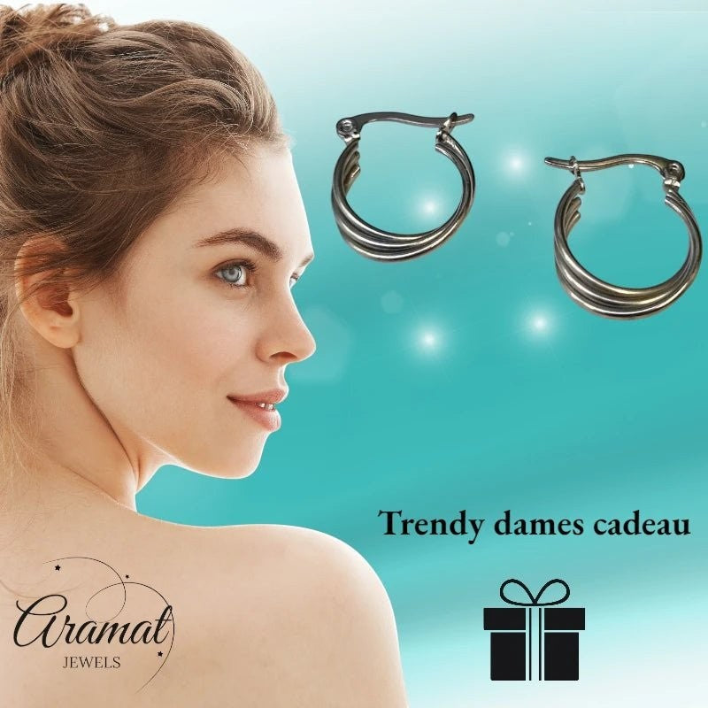 Stalen Oorringen met Triple Hoop Design (16 mm) - Aramat Jewels - Oorringen - cadeautip