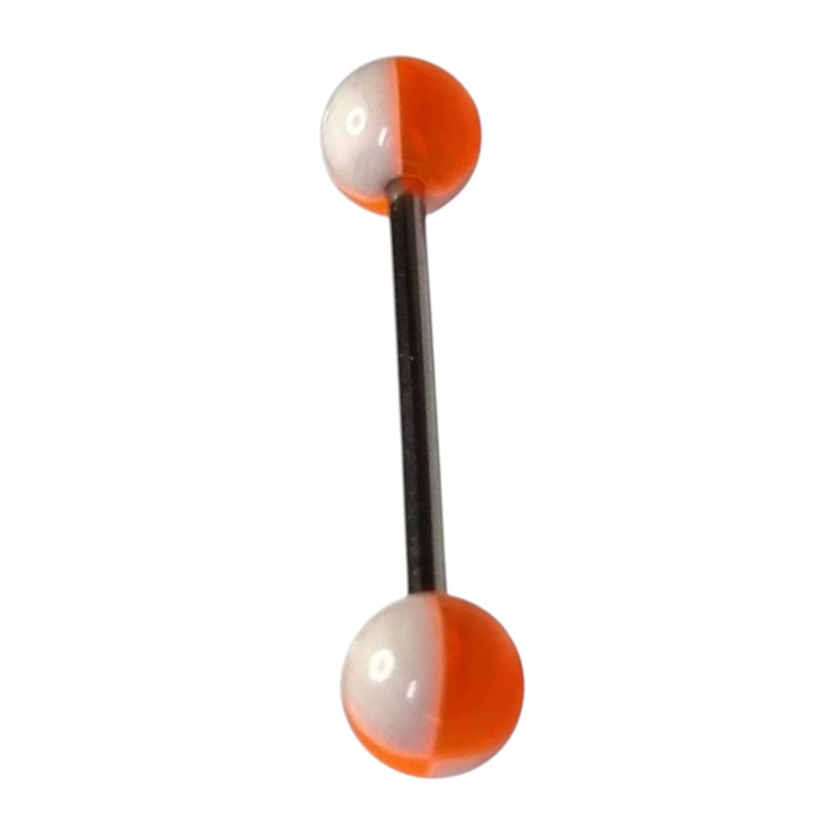 Aramat Jewels steel tongue piercing with orange and white acrylic balls, 16mm bar, 1.6mm gauge.