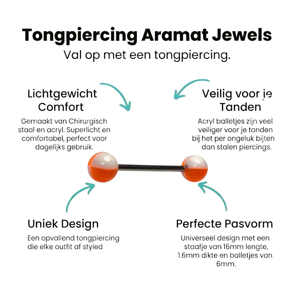 Aramat Jewels steel tongue piercing with orange and white acrylic balls, 1.6mm gauge, 16mm bar.