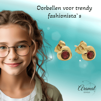 Stalen Rode Zirkonia Hart Oorbellen - Aramat Jewels - Oorbellen - cadeautip