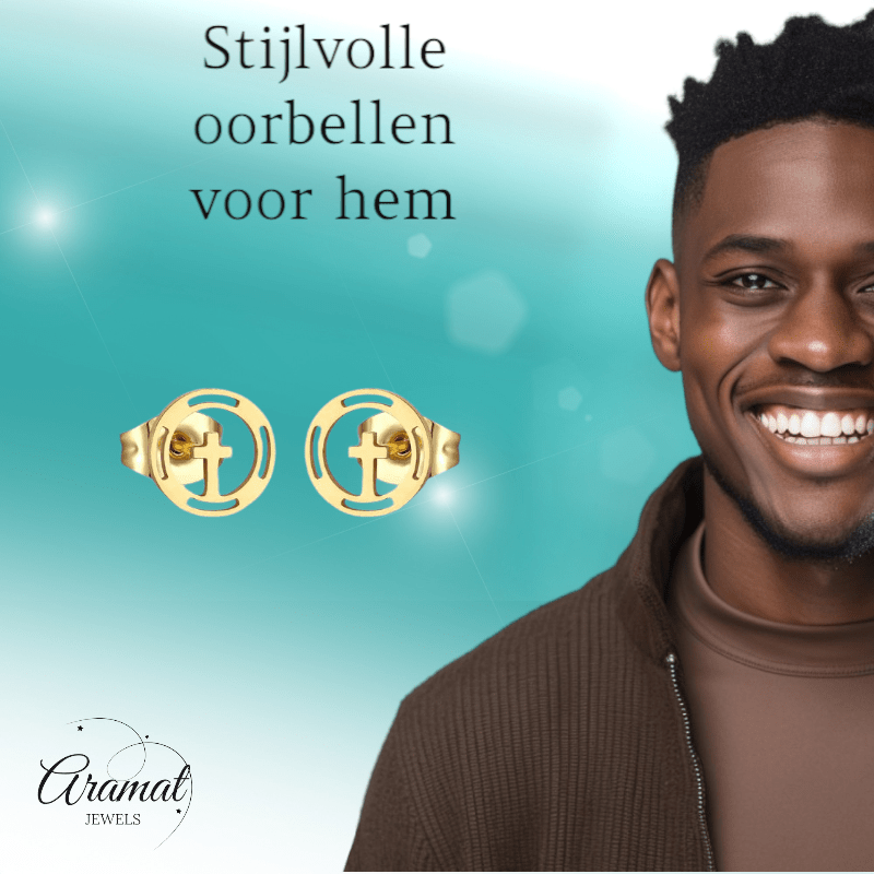 Stalen Ronde Kruis Oorbellen Goudkleur – 10mm - Aramat Jewels - Oorbellen - cadeautip