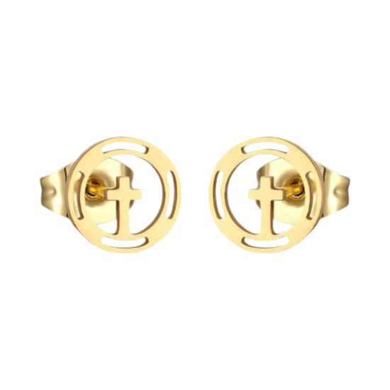 Stalen Ronde Kruis Oorbellen Goudkleur – 10mm - Aramat Jewels - Oorbellen - cadeautip