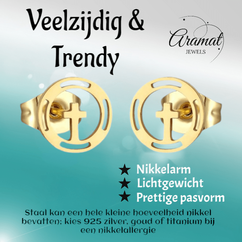 Stalen Ronde Kruis Oorbellen Goudkleur – 10mm - Aramat Jewels - Oorbellen - cadeautip