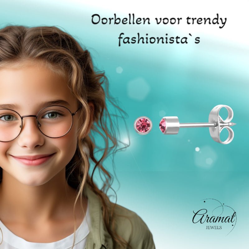 Stalen Schietoorbellen met Kristalsteentje vanaf 3mm - Aramat Jewels - Oorbellen - cadeautip