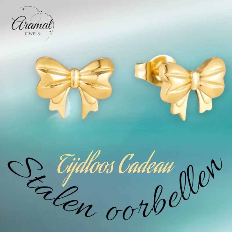 Stalen Strikjes Oorbellen Goudkleur-11mm | Oorbellen