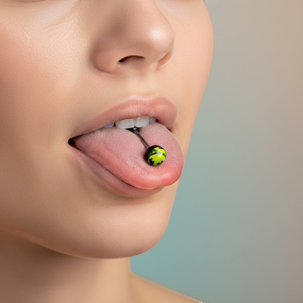Aramat Jewels camouflage print tongue piercing with black acrylic balls and a steel bar.