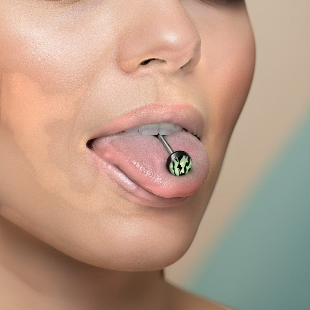 Aramat Jewels black tongue piercing with a camouflage print design on the bottom ball. Made of acrylic and surgical steel.