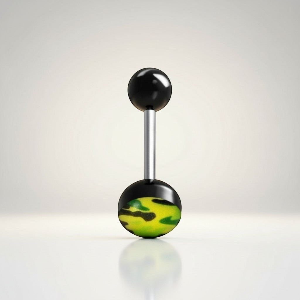 Aramat Jewels camouflage print tongue piercing with black acrylic balls and a steel bar.