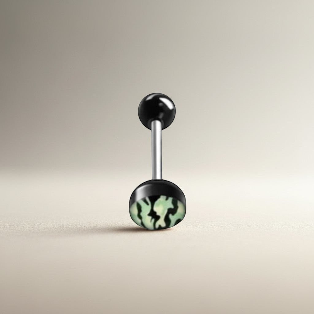 Aramat Jewels black tongue piercing with a camouflage print design on the lower ball. Made of acrylic and surgical steel.