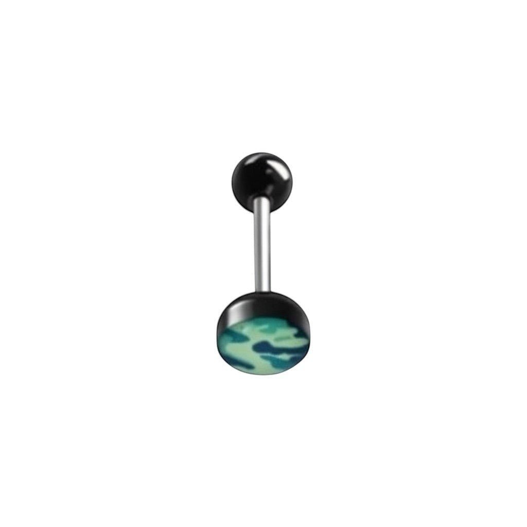 Aramat Jewels camouflage print tongue piercing with black acrylic balls and a steel bar. Features a blue and green camouflage design.