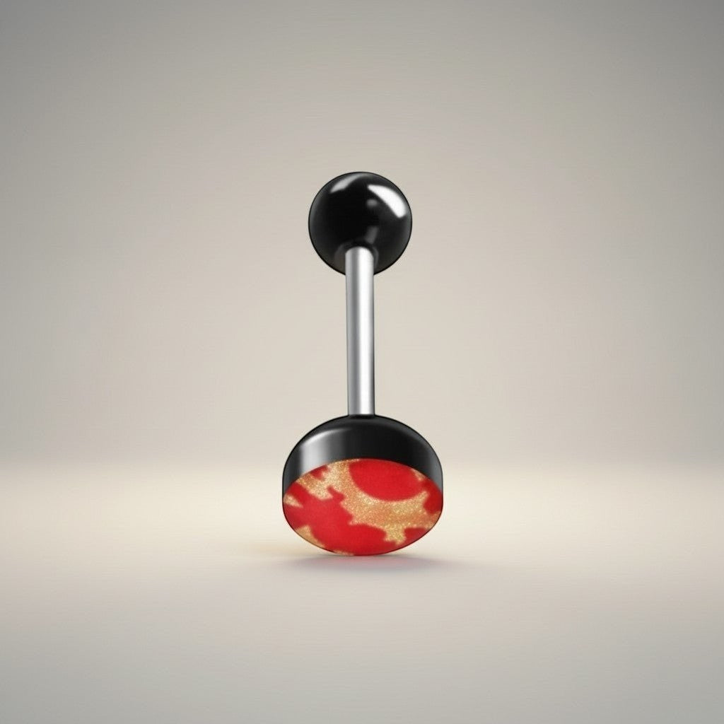 Aramat Jewels black and red camouflage print tongue piercing. Made of acrylic and surgical steel, 16mm length.