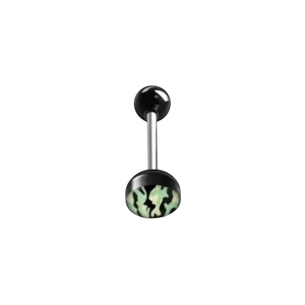 Aramat Jewels camouflage print tongue barbell with black balls and green/black pattern. Made of acrylic and surgical steel.