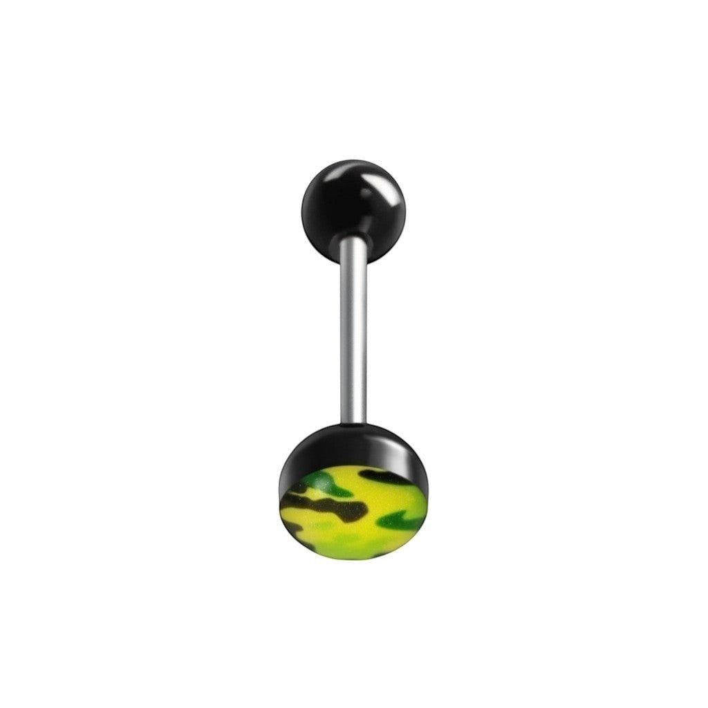 Aramat Jewels camouflage print tongue piercing with black balls, made of acrylic and surgical steel.