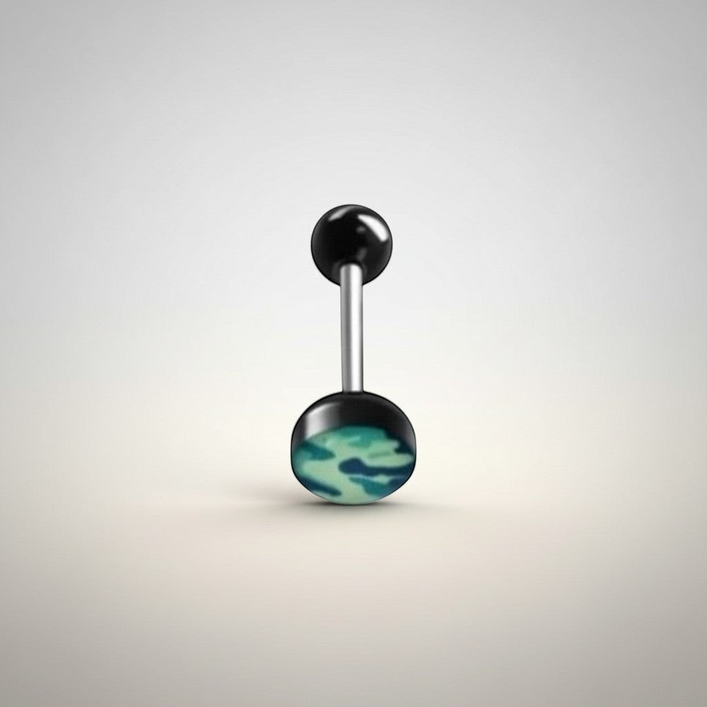 Aramat Jewels camouflage print tongue piercing with black acrylic balls and a steel bar. Features a blue and green camouflage design.