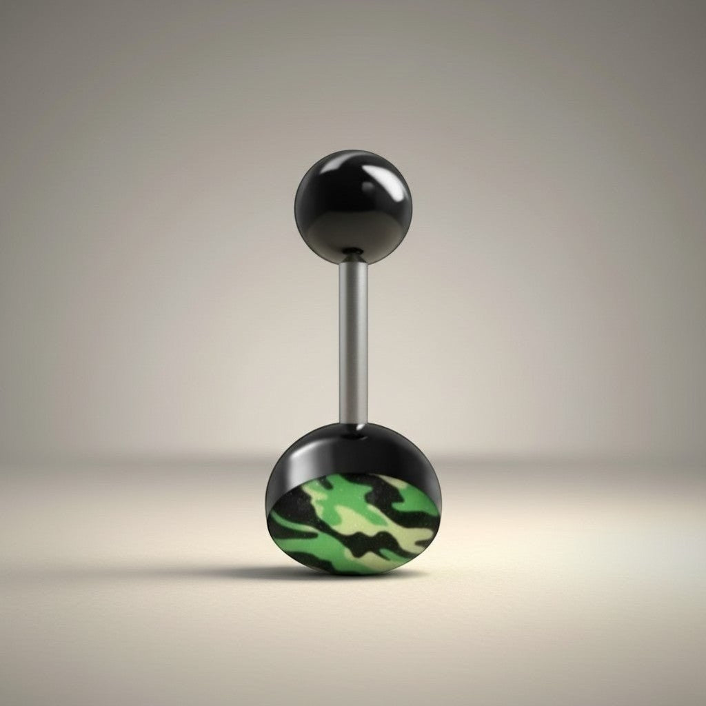 Aramat Jewels camouflage print tongue piercing with black acrylic balls and a steel bar.