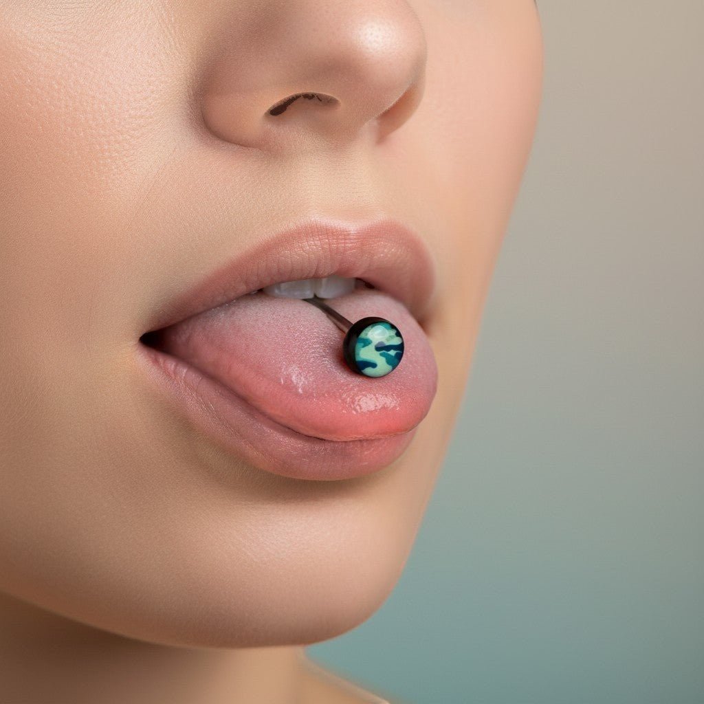 Aramat Jewels camouflage print tongue piercing with black acrylic balls and a steel bar. Features a blue and green camouflage design.
