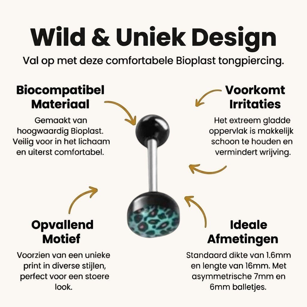 Een set van zes zwarte en groene nep-tongringen met luipaardprint