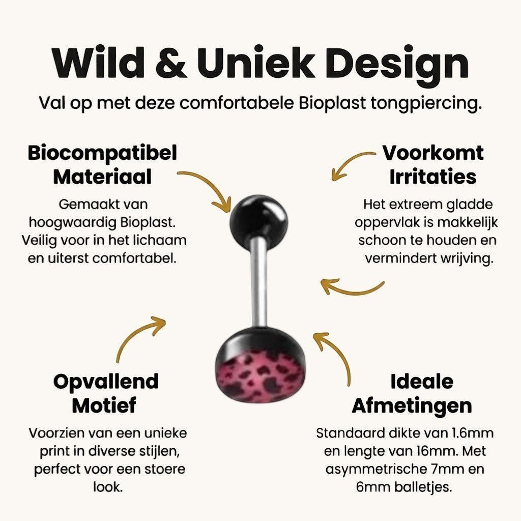 Een set van zes roze en zwarte nep-tongringen met luipaardprint