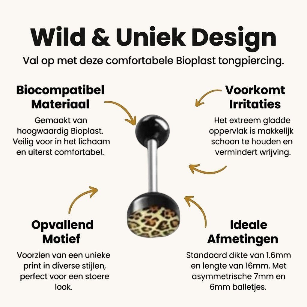 Een set van vier zwarte en gouden nep-tongpinnen met luipaardprint