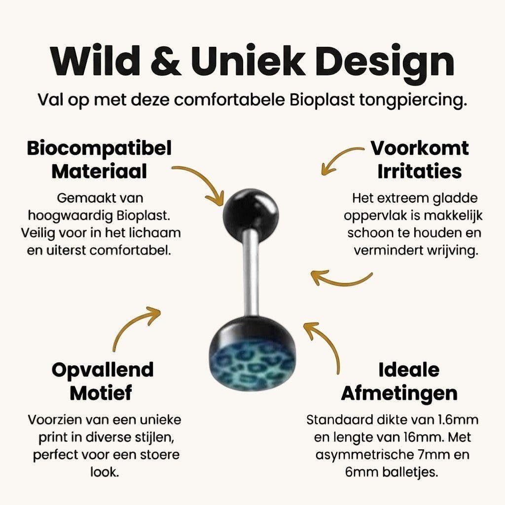 Een set van zes zwarte en blauwe nep-tongringen met luipaardprint