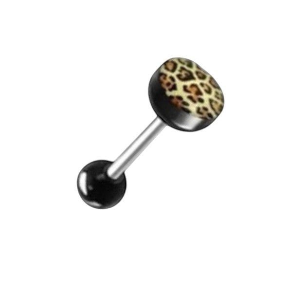 Aramat Jewels steel tongue piercing with black acrylic balls and a leopard print design on the bottom ball.