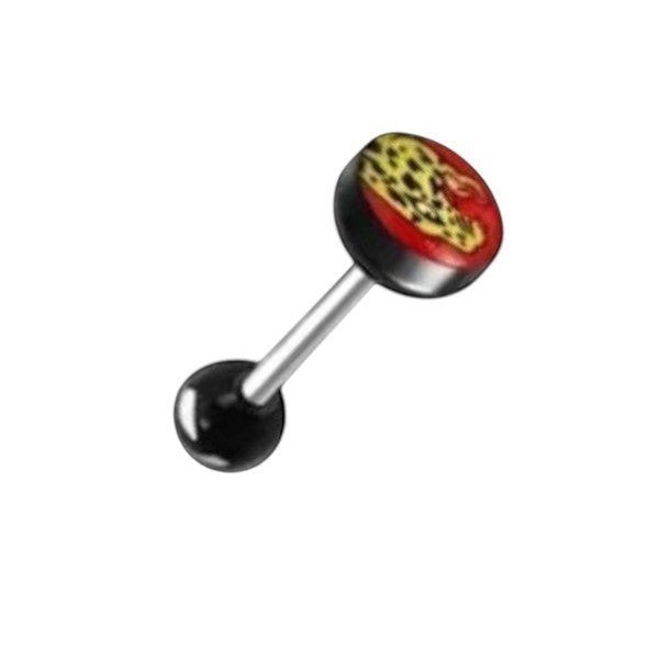 Aramat Jewels steel tongue piercing with black acrylic balls and a leopard print design on the bottom ball.