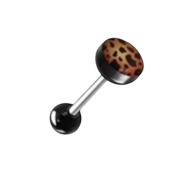Aramat Jewels steel tongue piercing with black acrylic balls, one featuring a leopard print design.