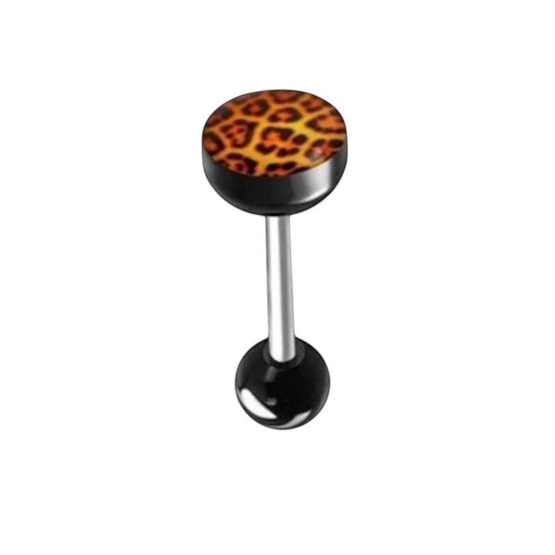 Aramat Jewels steel tongue piercing with black acrylic balls and a leopard print design on the bottom ball.