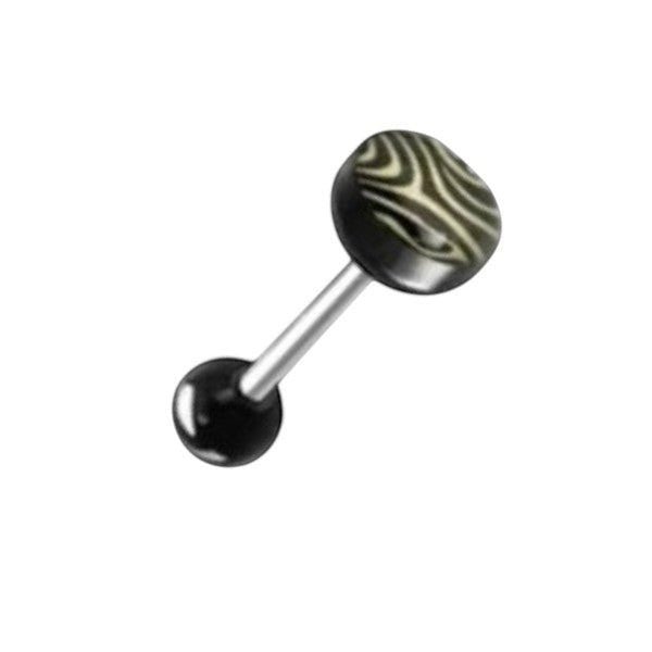 Aramat Jewels steel tongue piercing with black and white animal print acrylic ball. Nickel-free.