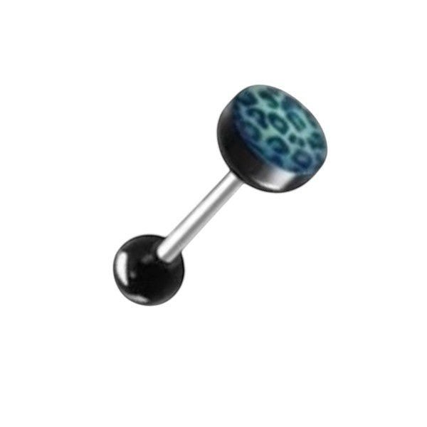 Aramat Jewels steel tongue piercing with black acrylic balls and a blue leopard print design on the bottom ball.