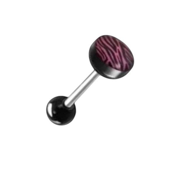 Aramat Jewels steel tongue piercing with pink zebra print acrylic ball. Nickel-free.