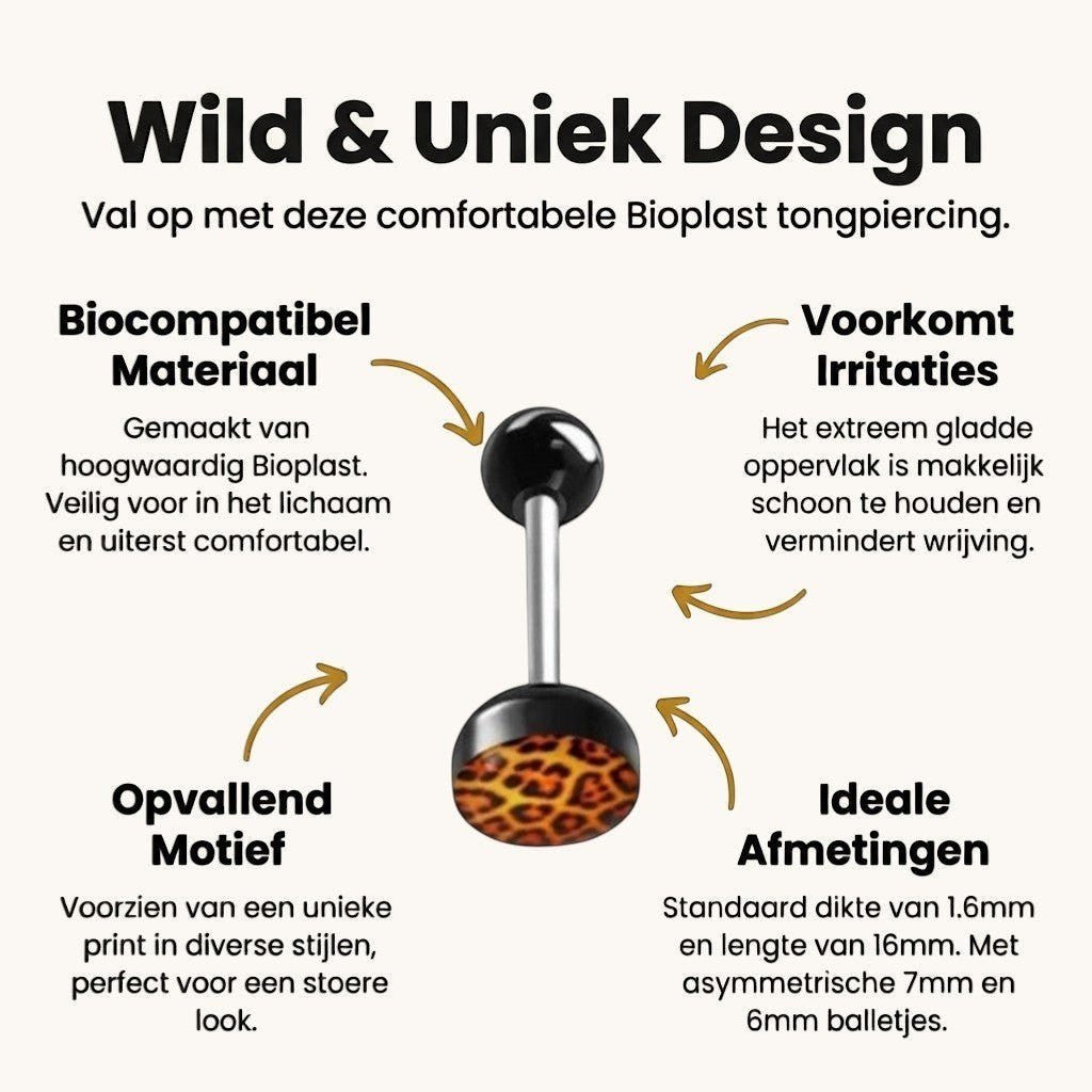 Een paar zwarte en oranje nep-tongringen met luipaardprint