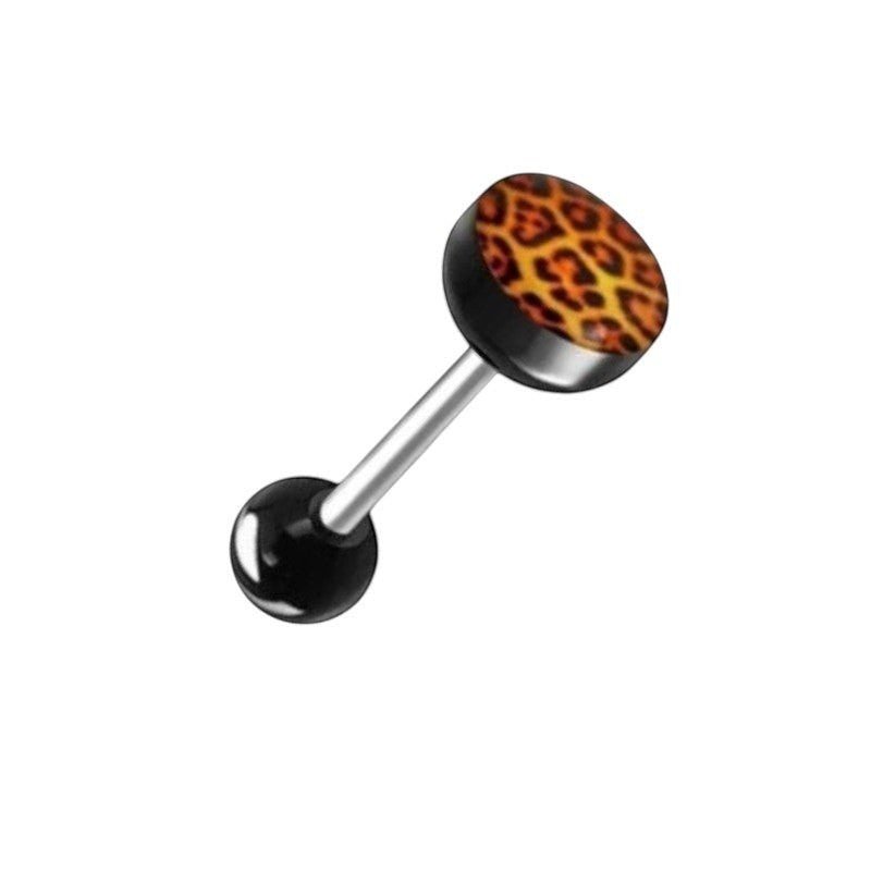 Aramat Jewels steel tongue piercing with black acrylic balls and leopard print design on the bottom ball.