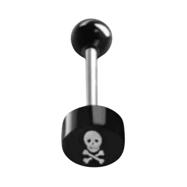 Een paar zwarte barbells met schedel en kruisbeen