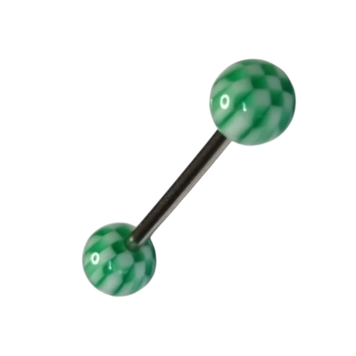 Aramat Jewels steel tongue piercing with white and green checkered acrylic balls.