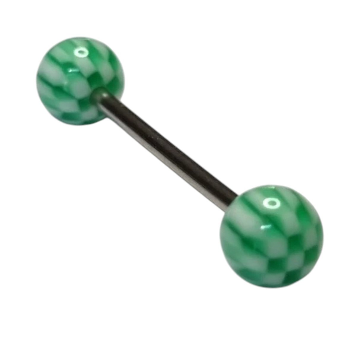 Een paar groene glazen bollen op een zwarte staaf
