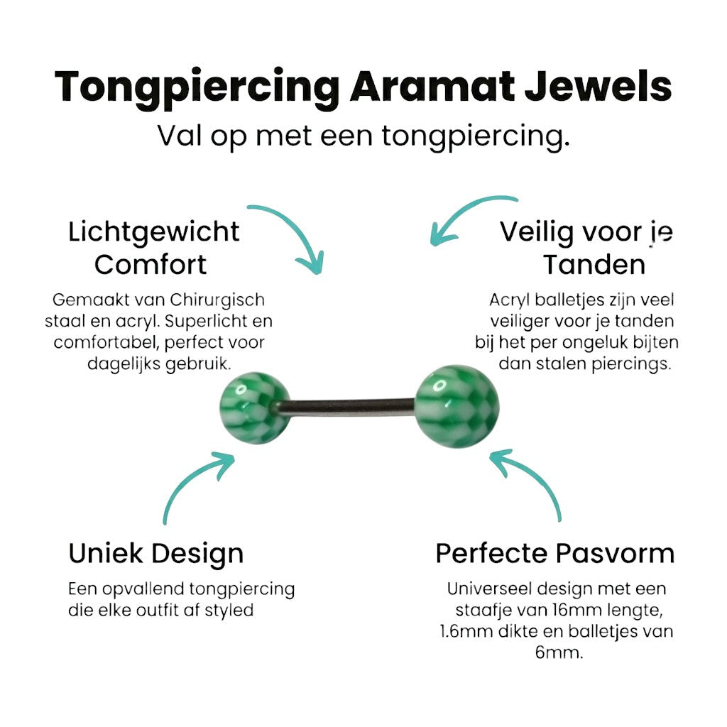 Aramat Jewels steel tongue piercing with white and green checkered acrylic balls.