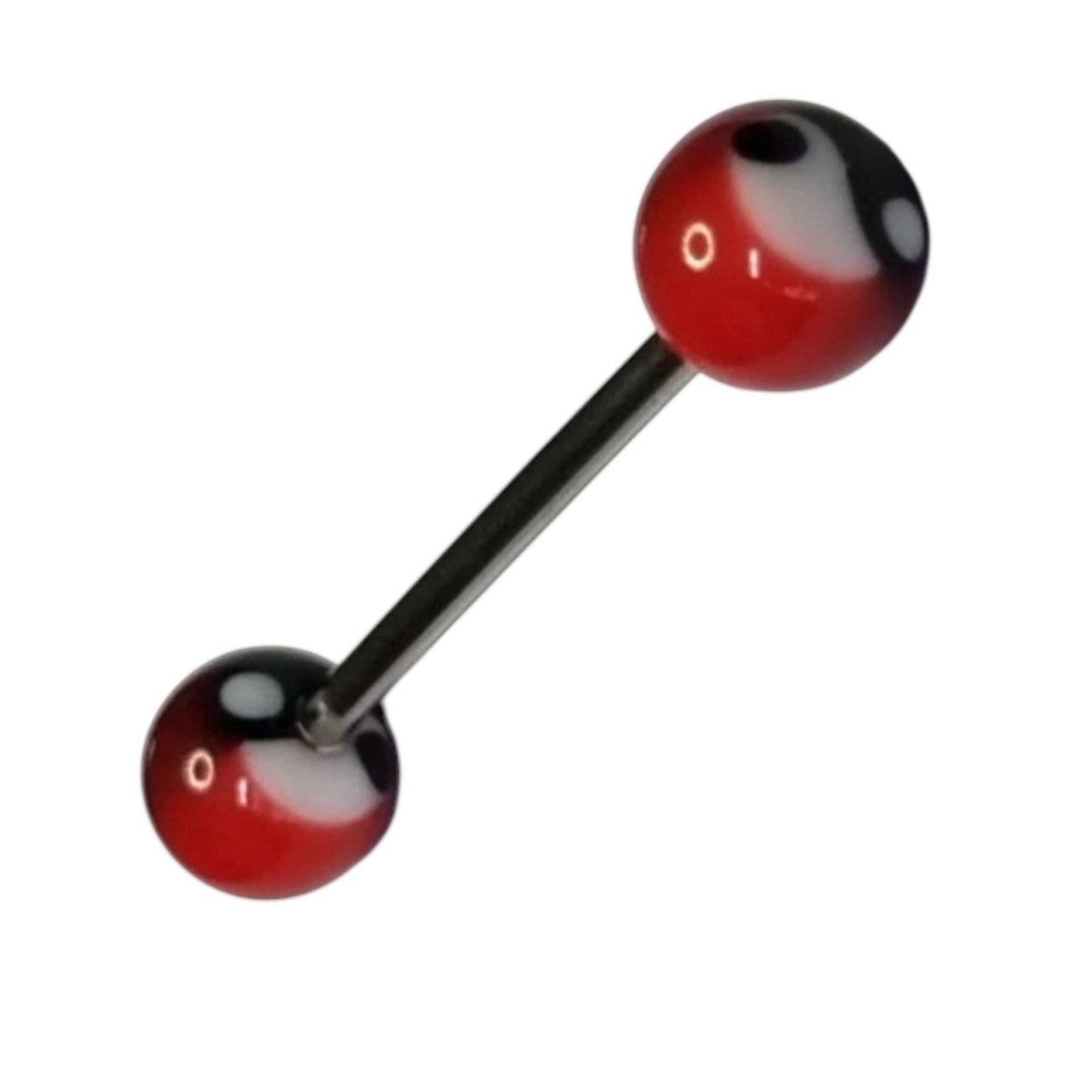 Aramat Jewels steel tongue piercing with acrylic yin yang balls in red, white, and black.