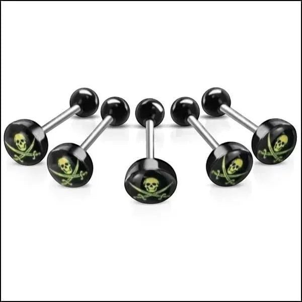 Een set van zes zwarte en groene schedel en gekruiste botten piercings
