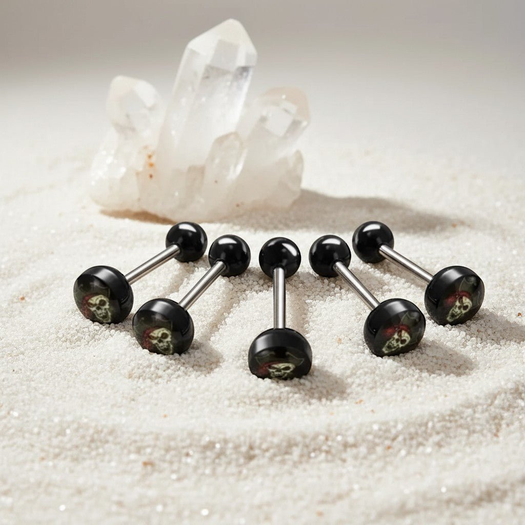 Aramat Jewels surgical steel tongue piercing with black acrylic skull logo design. 16mm length, 1.6mm gauge.