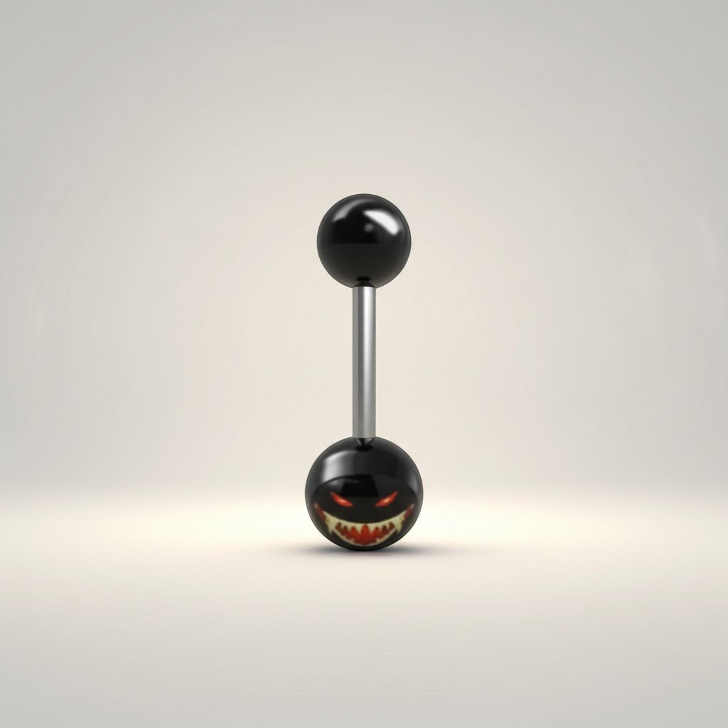Aramat Jewels black acrylic tongue piercing with a scary face logo, made of surgical steel.