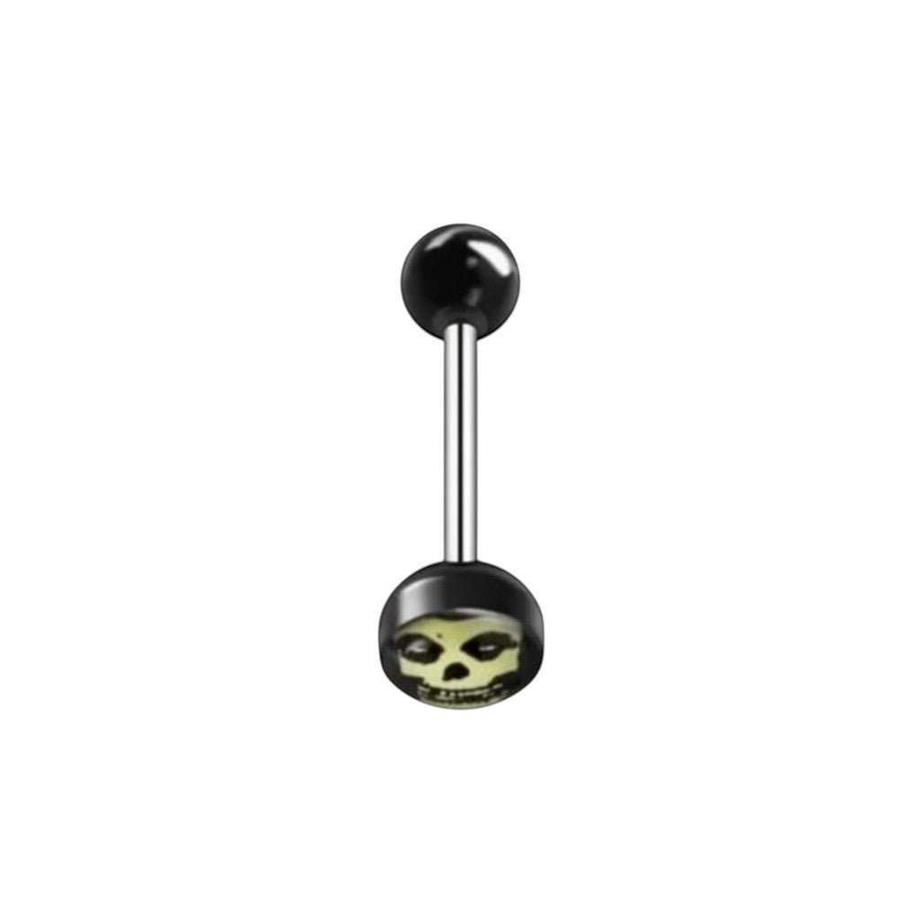 Aramat Jewels surgical steel tongue piercing with black acrylic skull logo and black balls.