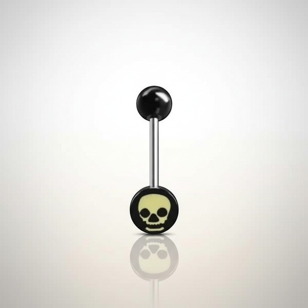 Aramat Jewels surgical steel tongue piercing with black acrylic skull logo and black balls.