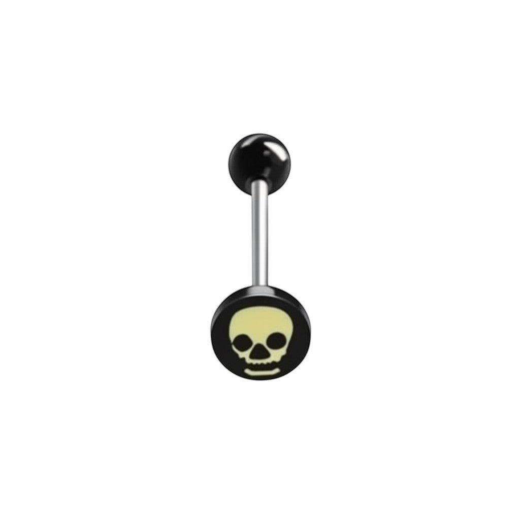 Aramat Jewels surgical steel tongue piercing with black acrylic skull logo and black balls.