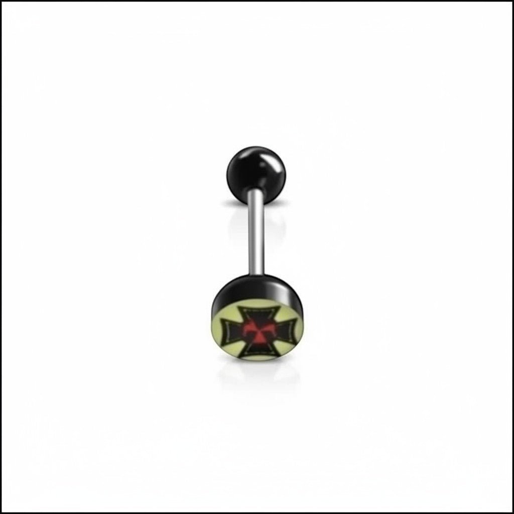 Aramat Jewels surgical steel tongue piercing with black acrylic logo featuring a red cross design on a light yellow background.