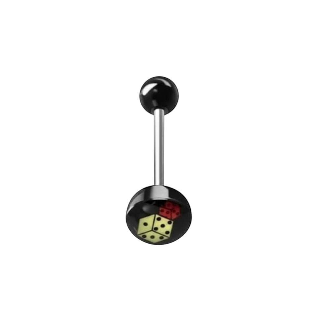 Aramat Jewels surgical steel tongue piercing with black acrylic balls and dice logo design.