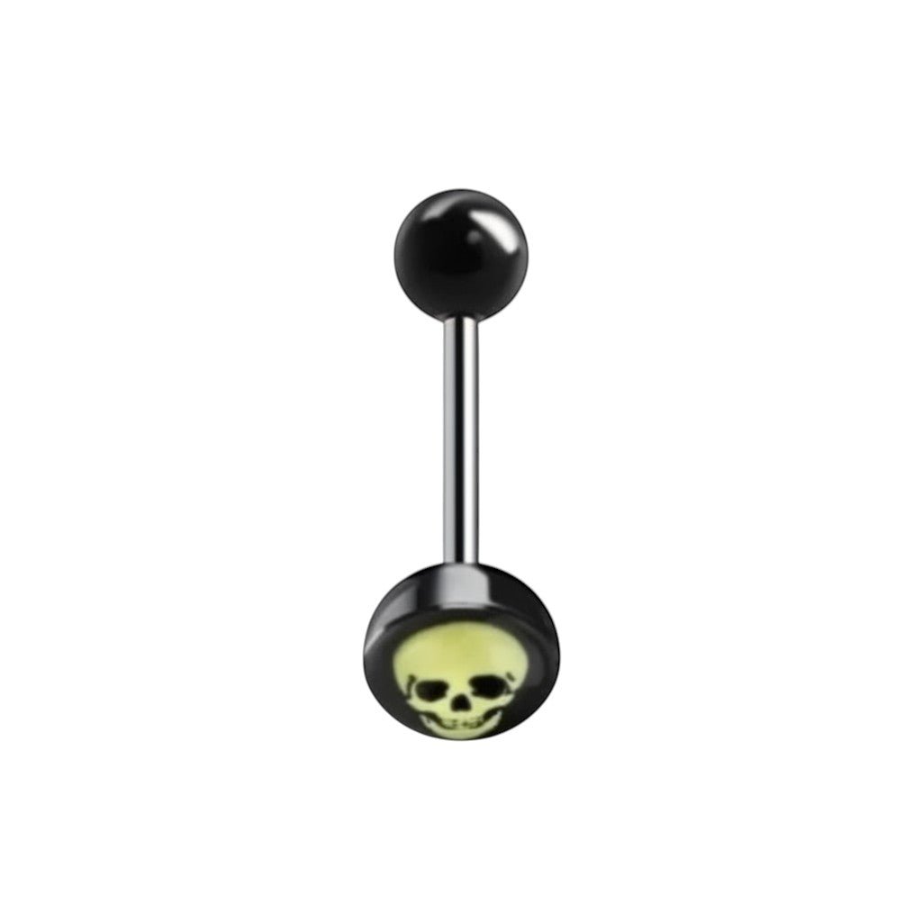 Aramat Jewels surgical steel tongue piercing with a black bar and a yellow skull logo.