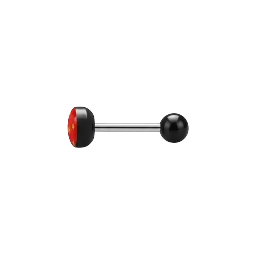 Aramat Jewels surgical steel tongue piercing with black acrylic balls and a red acrylic logo featuring yellow stars.