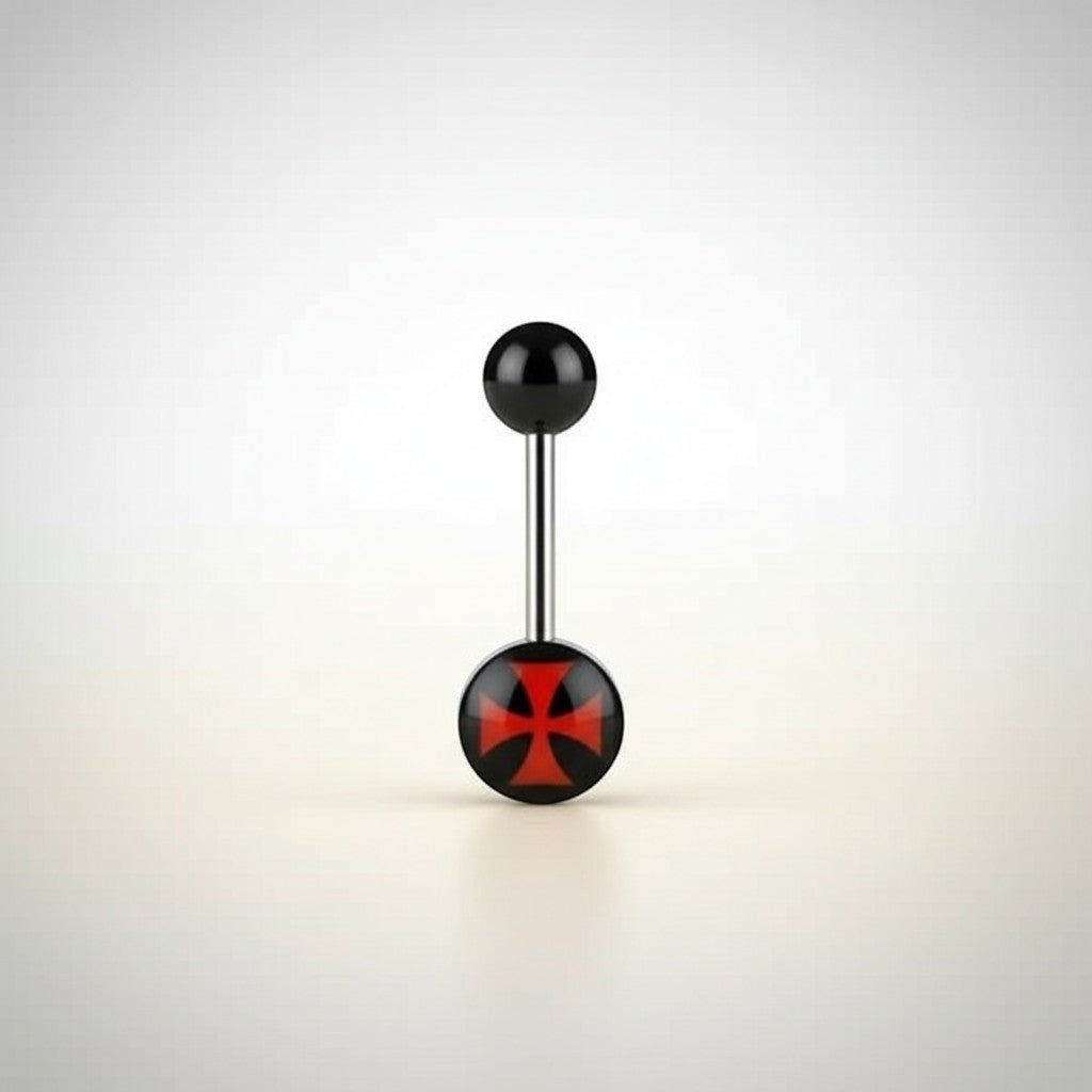 Aramat Jewels surgical steel tongue piercing with black acrylic logo featuring a red cross design. 16mm length, 1.6mm gauge.